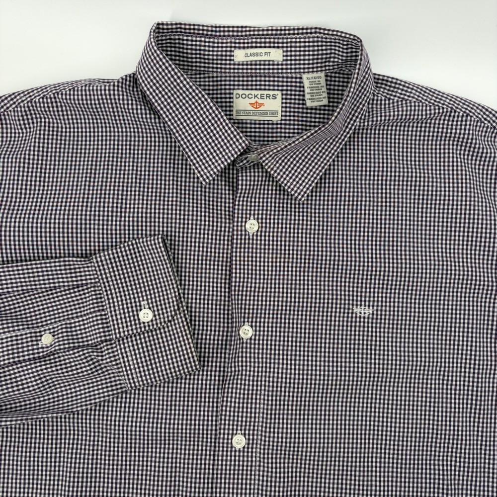 Dockers Mens XL Purple Gingham Stain Defender Classic Fit Long Sleeve Shirt